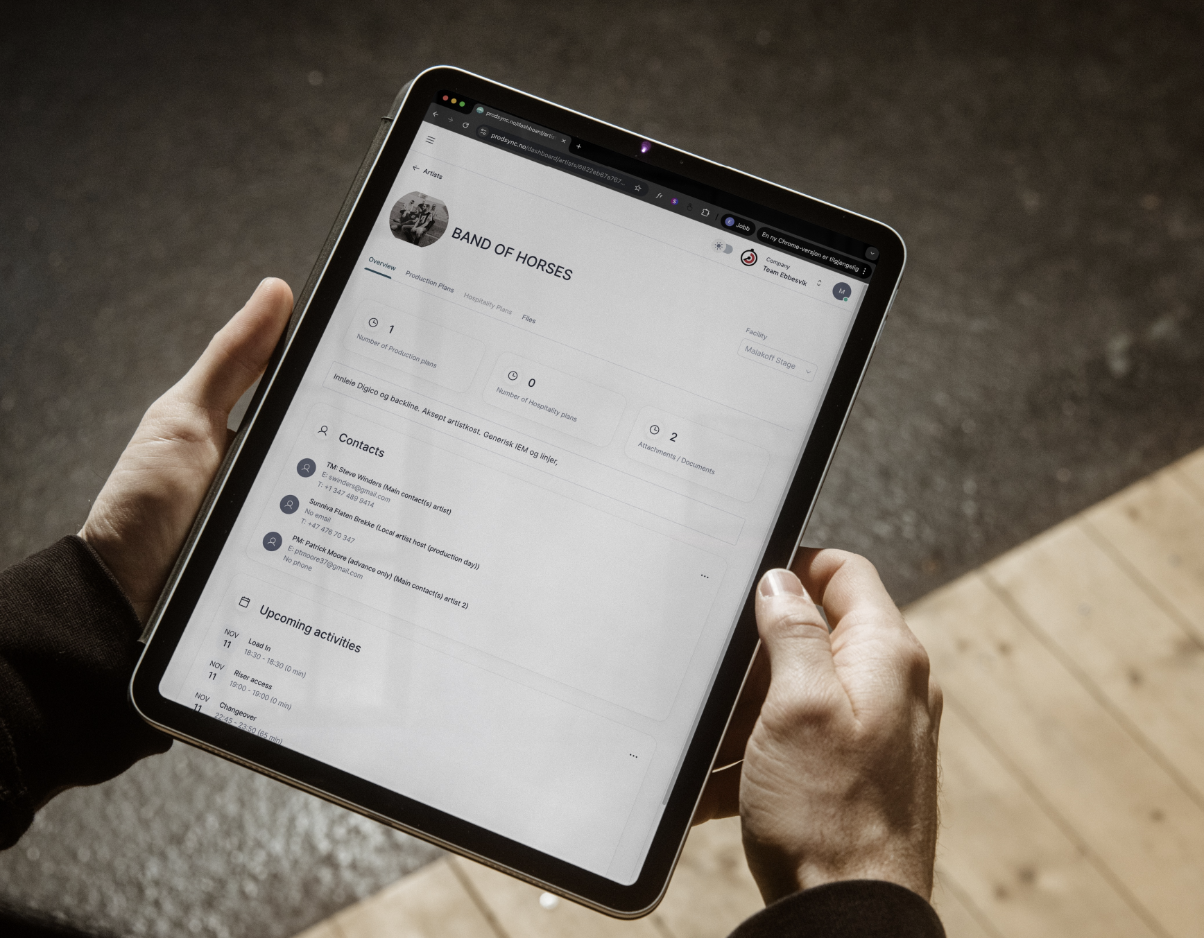 Prodsync artist overview showing production details, contacts and upcoming activities