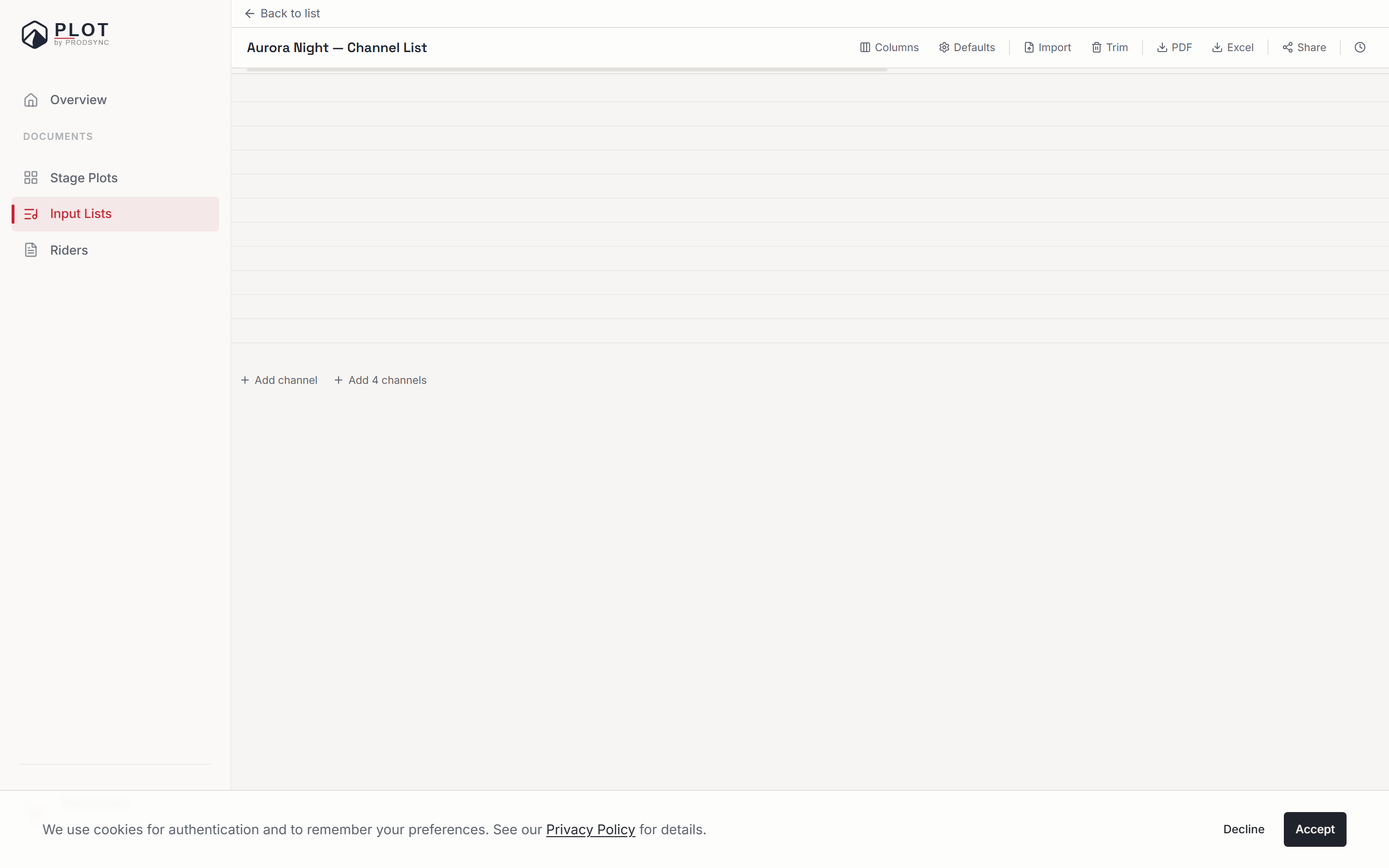 A freshly created input list showing an empty channel table with column headers