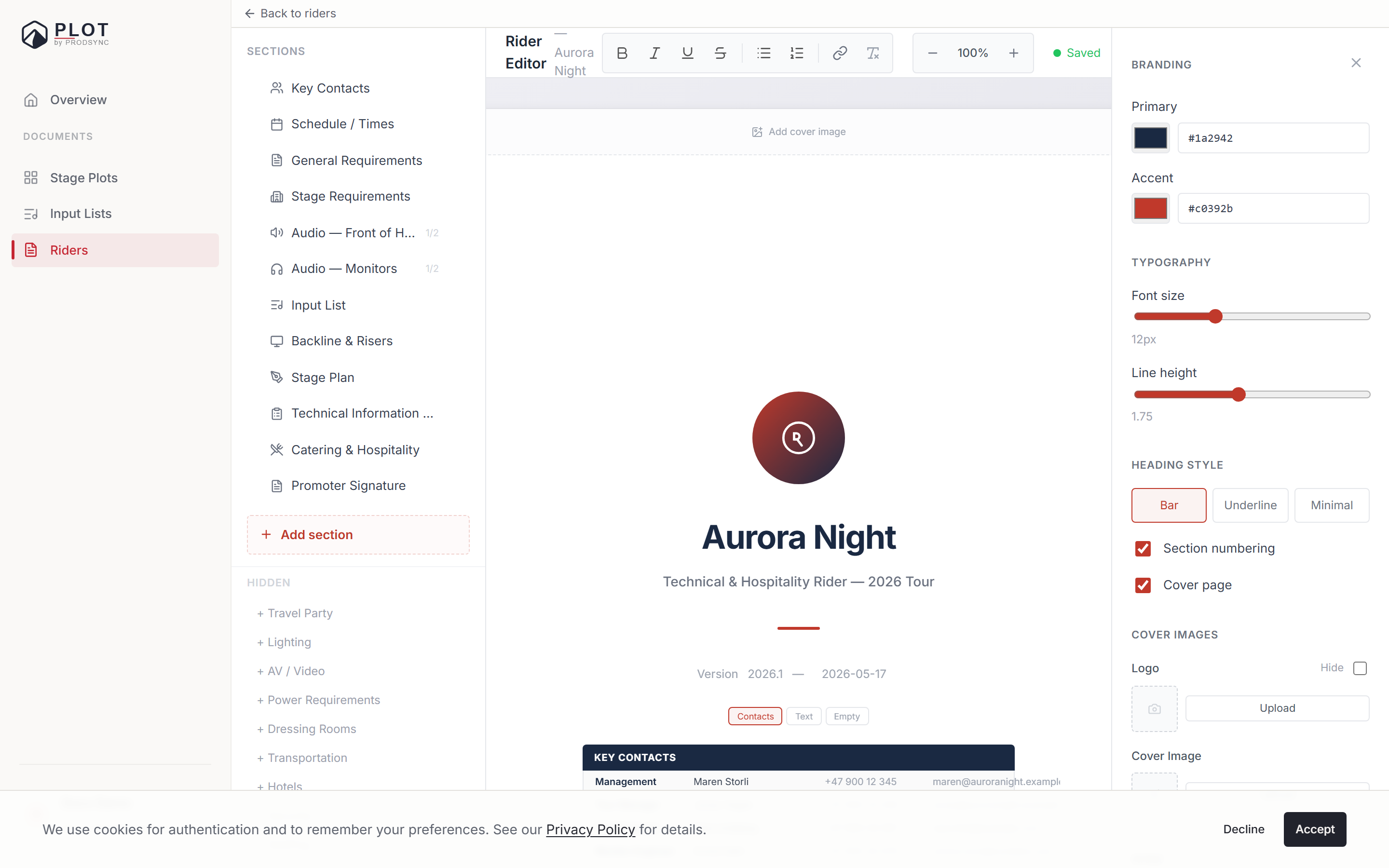 The rider editor sidebar listing enabled and disabled sections